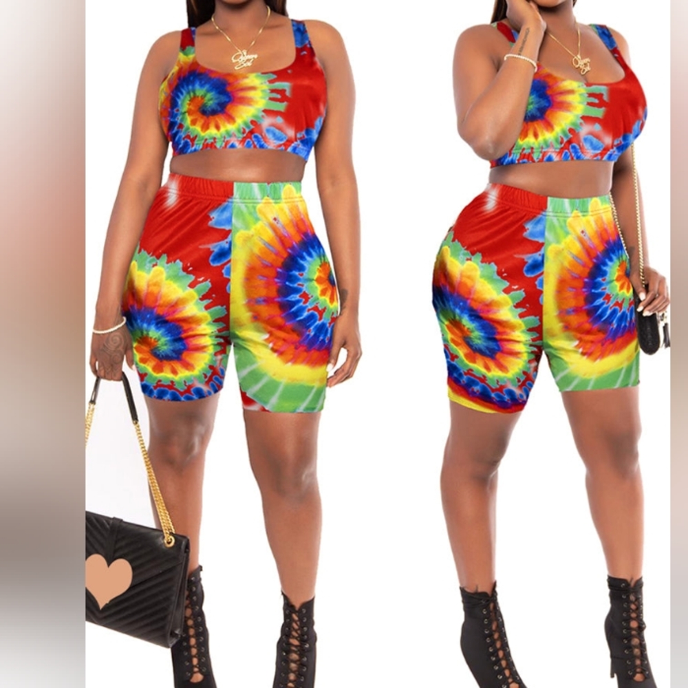 Women's tie de Two piece set casual sleeveless crop top + shorts tracksuit outfi